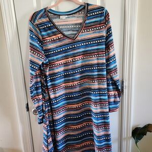 LuLaRoe Blue Pink Long Sleeve V-Neck Sheath Dress